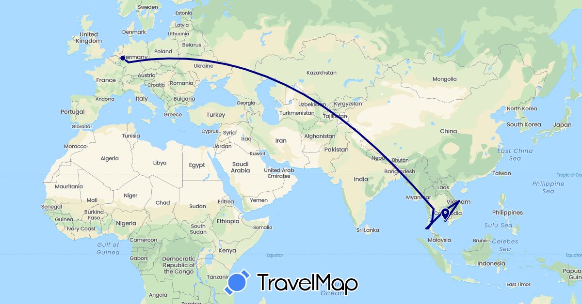 TravelMap itinerary: driving in Germany, Cambodia, Thailand, Vietnam (Asia, Europe)